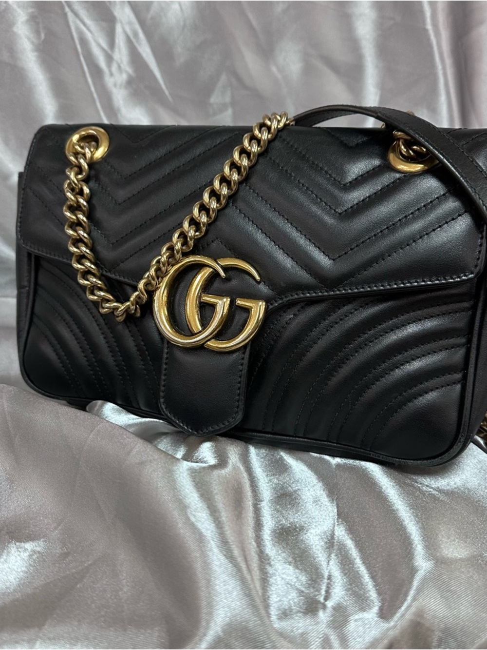 Gucci Black Quilted Leather Shoulder Bag with Gold GG Chain